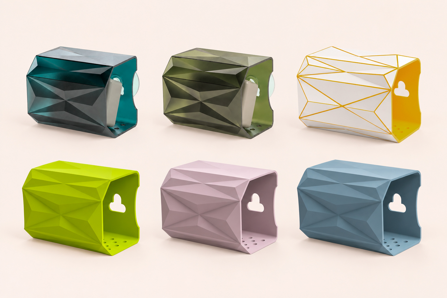 Composición de seis jaboneras facetadas con distintos volúmenes, geometrías y colores