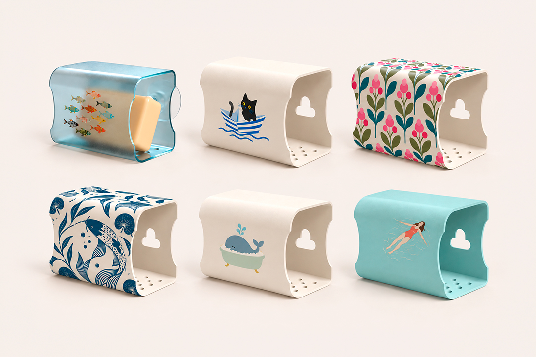 Composición de jaboneras con estampados gráficos y decorativos