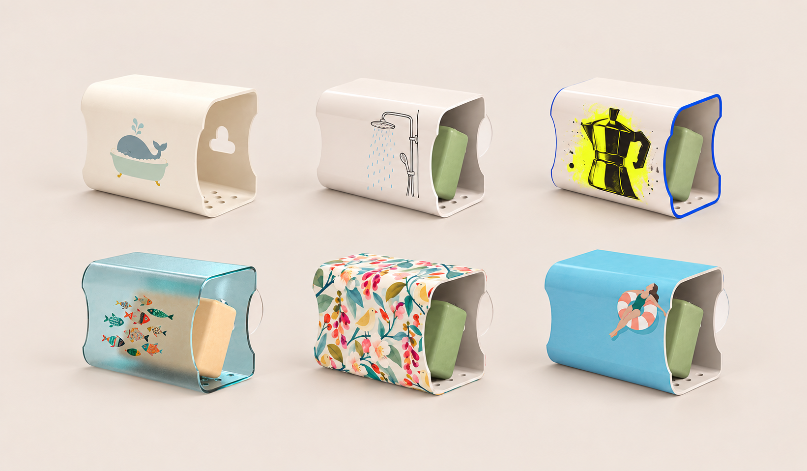 Composición de jaboneras con estampados gráficos y decorativos